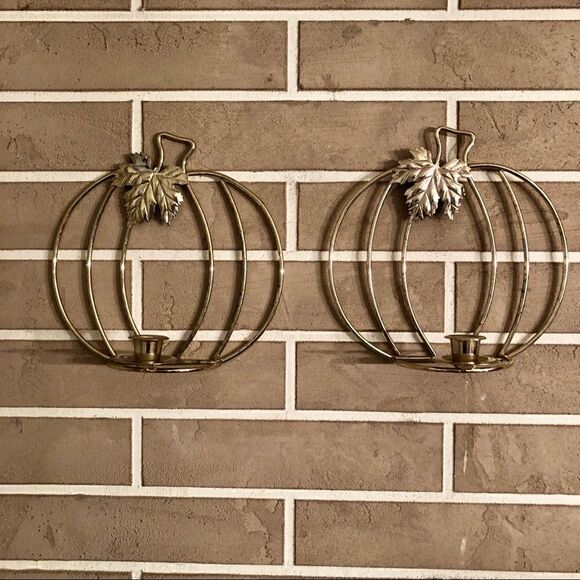 Other - Vintage Pumpkin Wall Hanging Candlestick Holders in Gold Lot of 2
